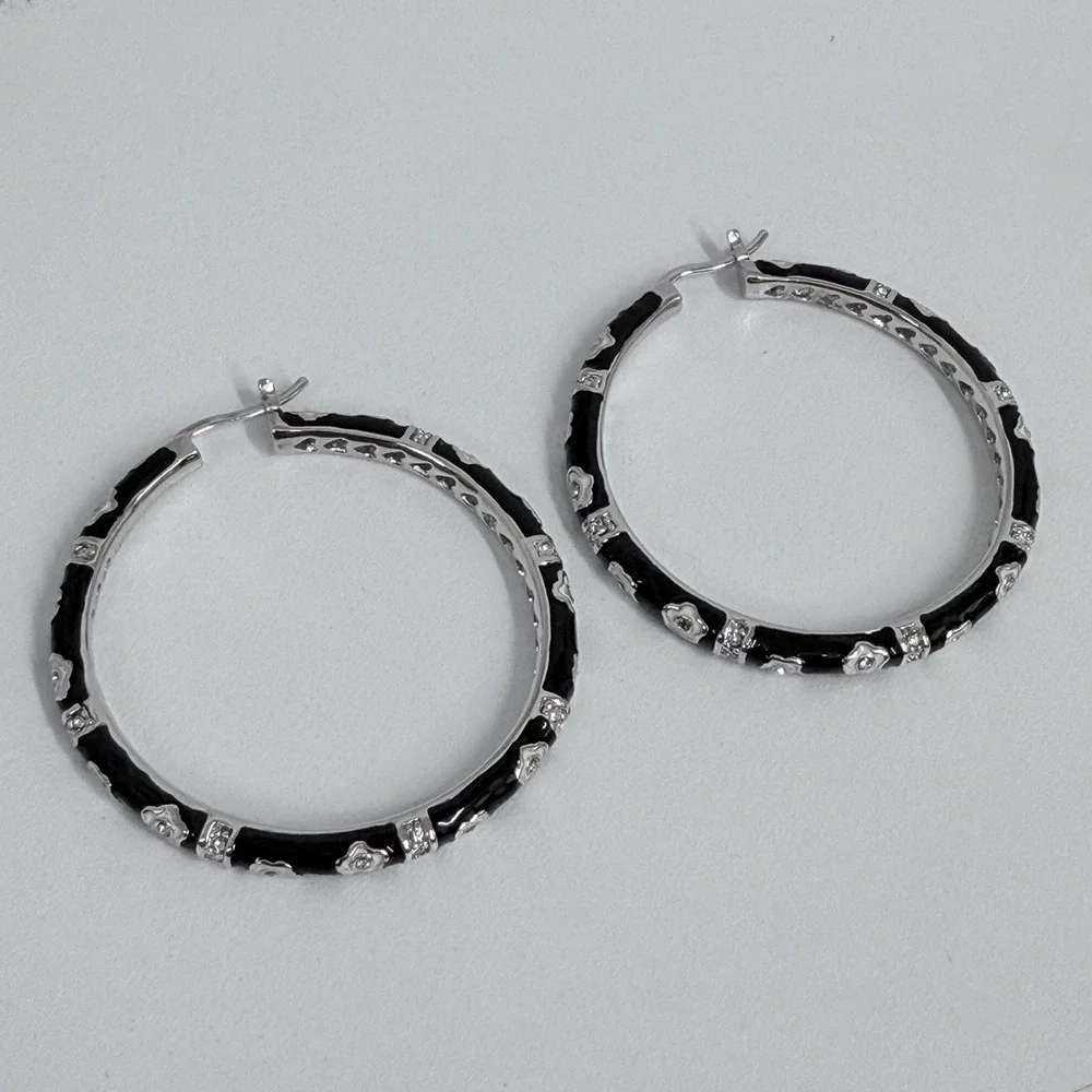 Lauren G Adams Large Enamel Hoop Earrings Black CZ's Silver Tone Metal Pierced